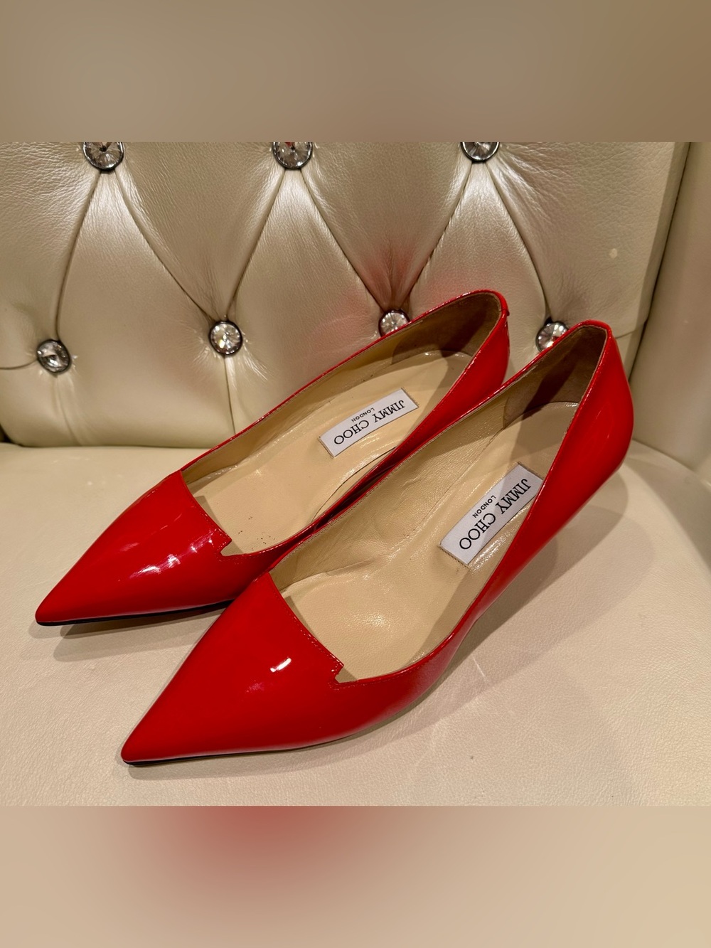 Jimmy Choo Red Patent Pointed-Toe Flats with Notch Detail